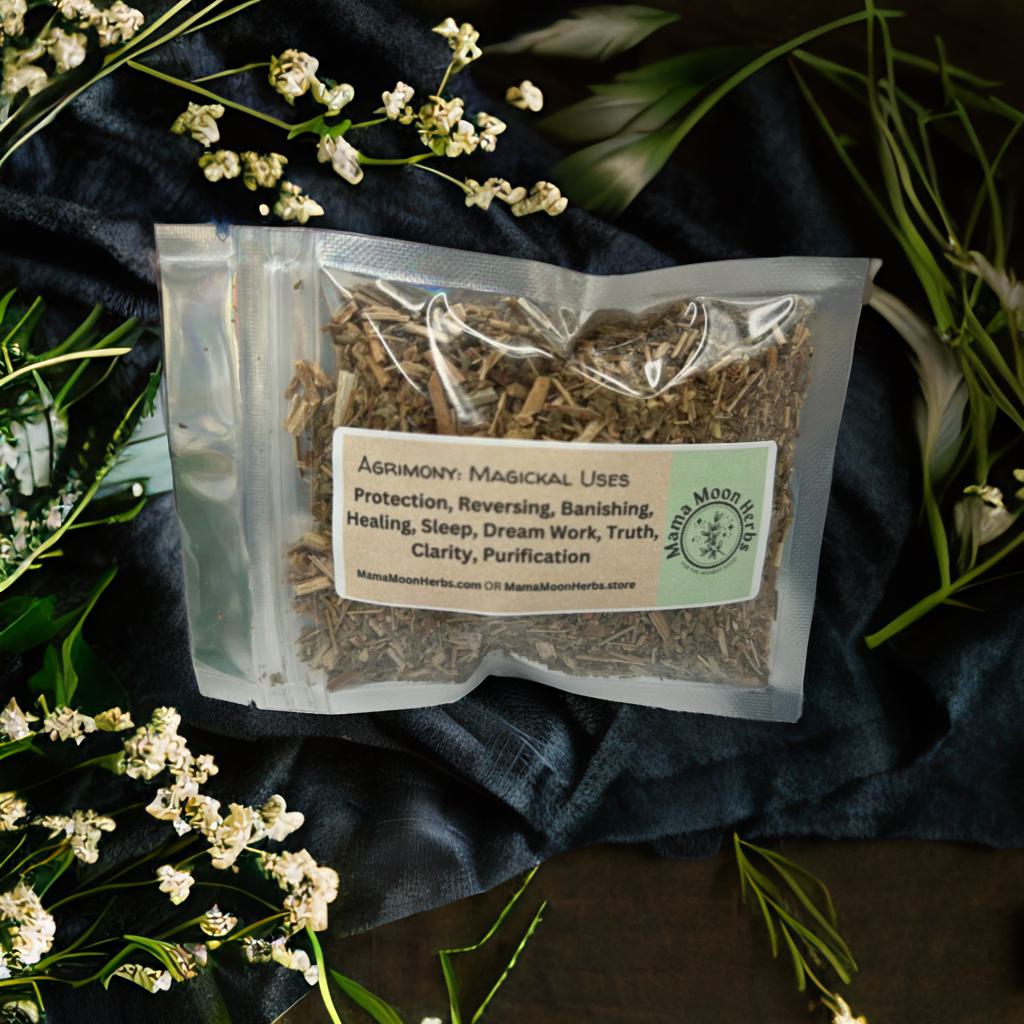 Dried Agrimony (Agrimonia eupatoria) in a 3" x 4" pouch. Used for reversal, protection, and healing rituals. Ideal for uncrossing, dreamwork, and spell jars.