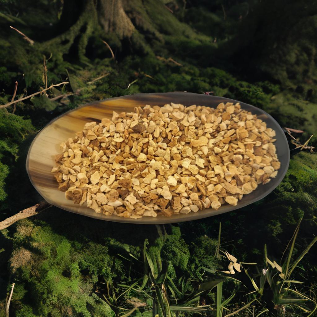 Orris Root (Iris germanica) in a 2.5" x 3.7" ritual pouch. Used for love spells, divination, and glamour magic. Ideal for mojo bags, altar blends, and intuitive rituals.