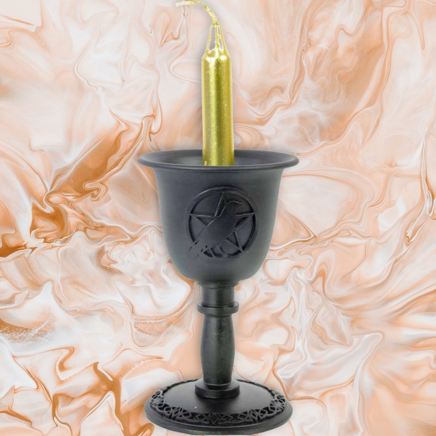 Metal Chalice Spell Candle Holder. For .5” Spell candles. Two different designs: Raven and Goddess. 4 1/2” tall