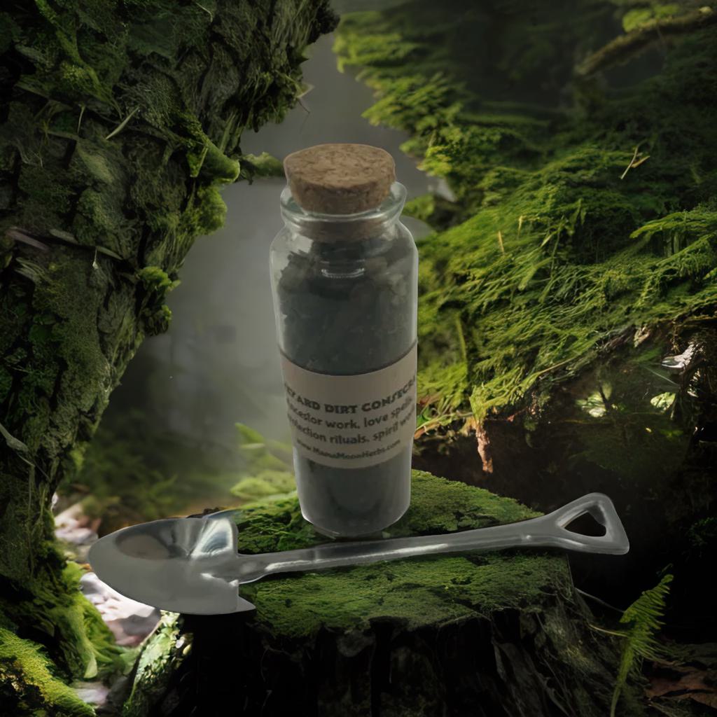 Ritually charged Graveyard Dirt in a 30ml glass jar with spoon. Used in protection, ancestor work, and spirit rituals. Consecrated under powerful moon and astrological timing.