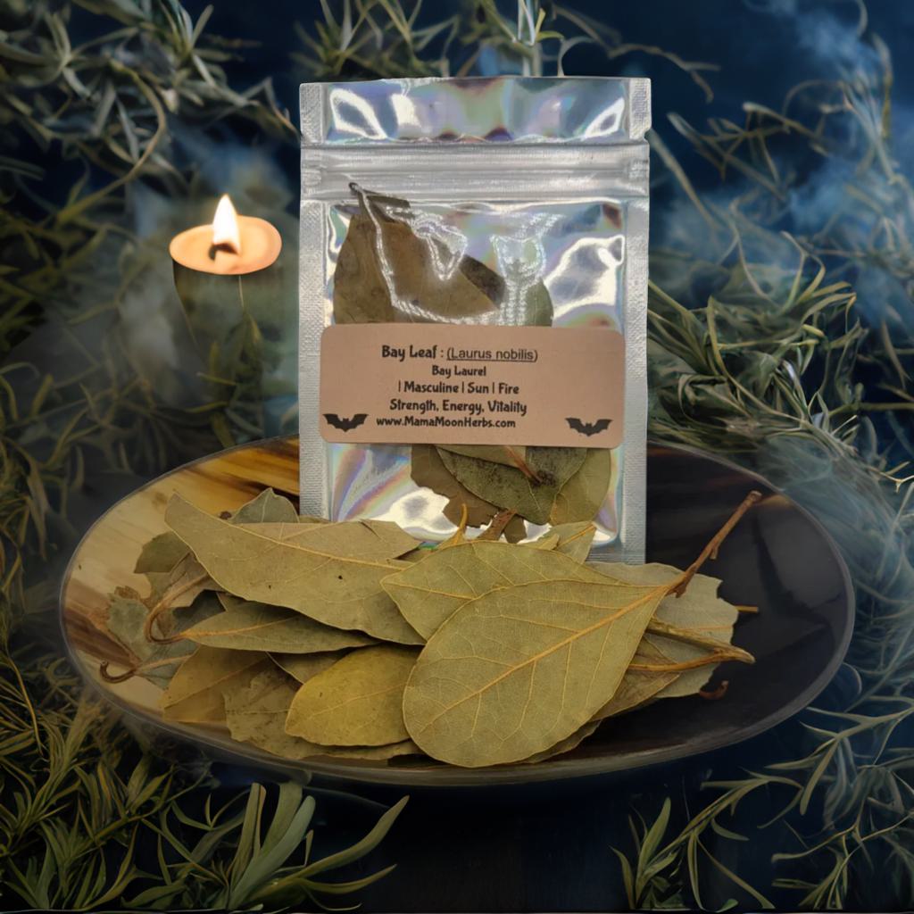 Whole Bay Leaves (Laurus nobilis) in a 4" x 6" pouch. Used for wish-making, protection, and manifestation rituals. Ideal for spell jars, intention burning, and cleansing.