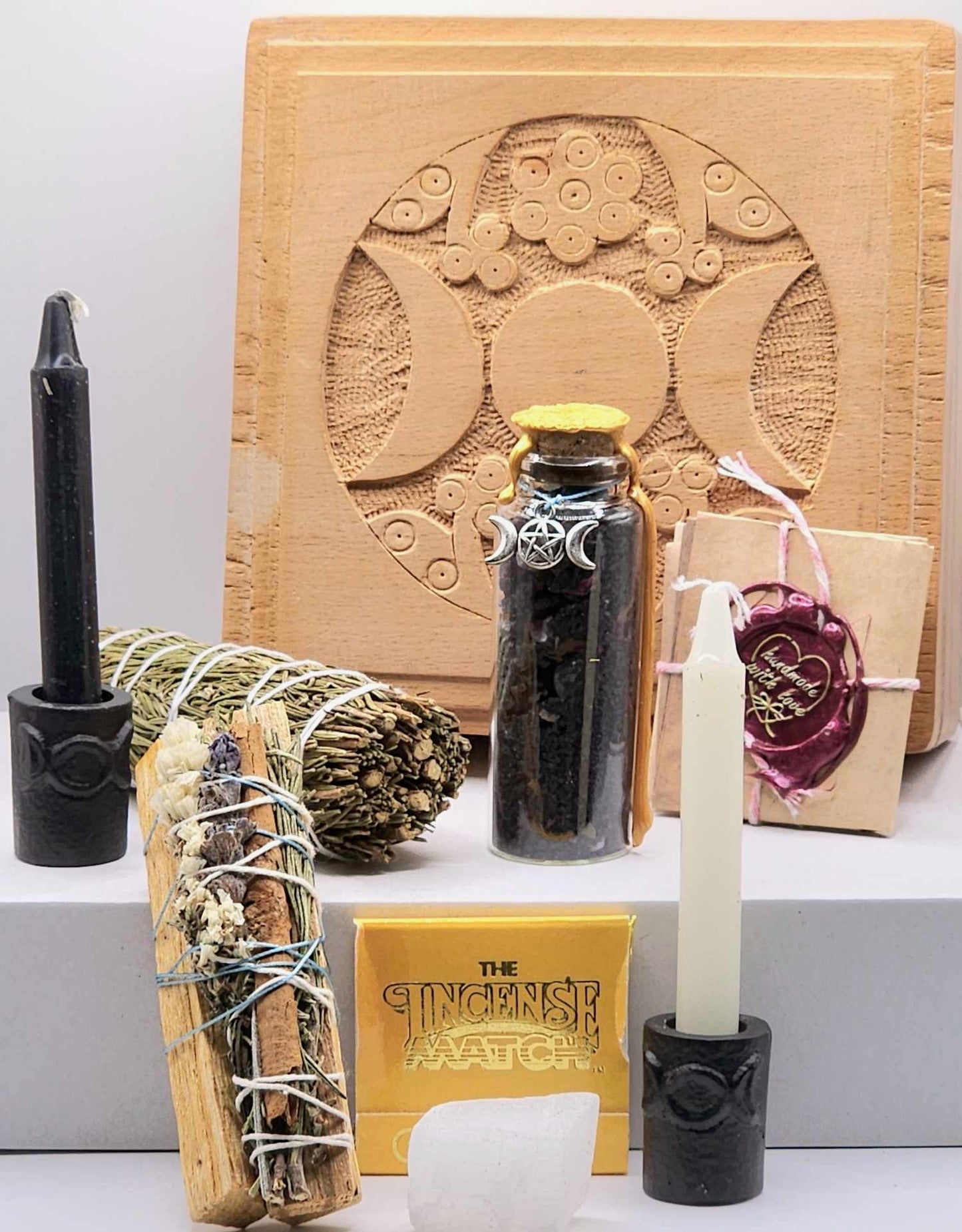 Witchcraft House Cleansing Ritual Kit: Protection Purification, Rosemary, Palo Santo, Witches Black Salt, Spell Candles, Hand Carved Box & more