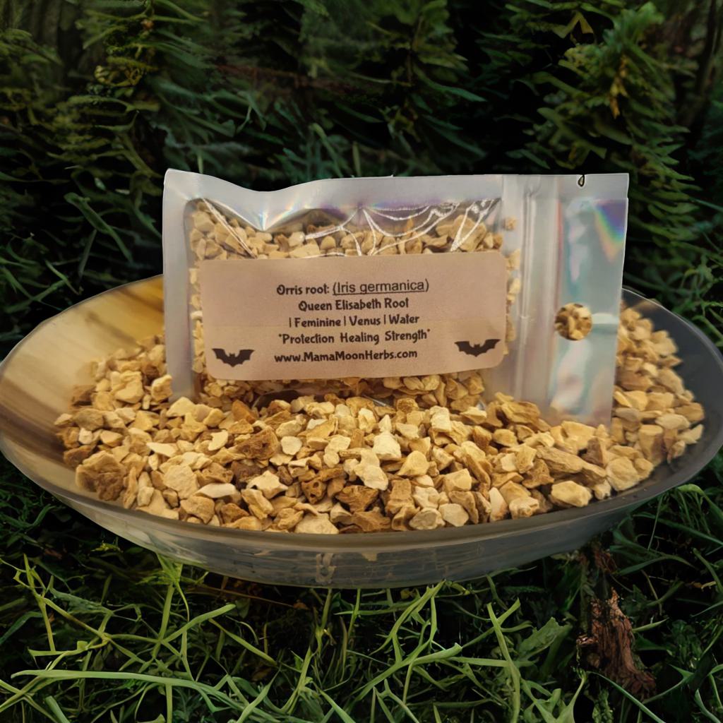 Orris Root (Iris germanica) in a 2.5" x 3.7" ritual pouch. Used for love spells, divination, and glamour magic. Ideal for mojo bags, altar blends, and intuitive rituals.