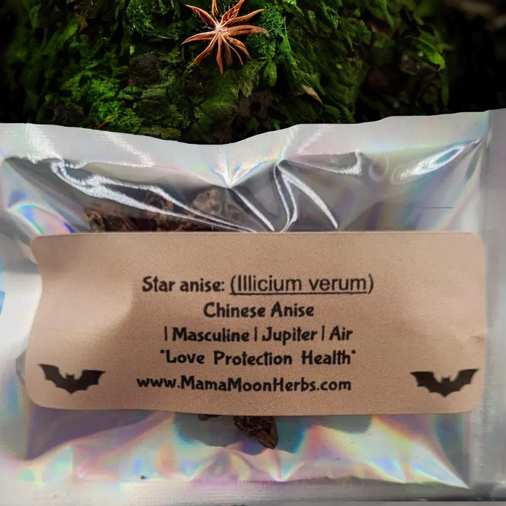 Star Anise (Illicium verum) in a small ritual pouch. Used for psychic awareness, luck, and protection. Ideal for dreamwork, divination, and spiritual insight rituals.