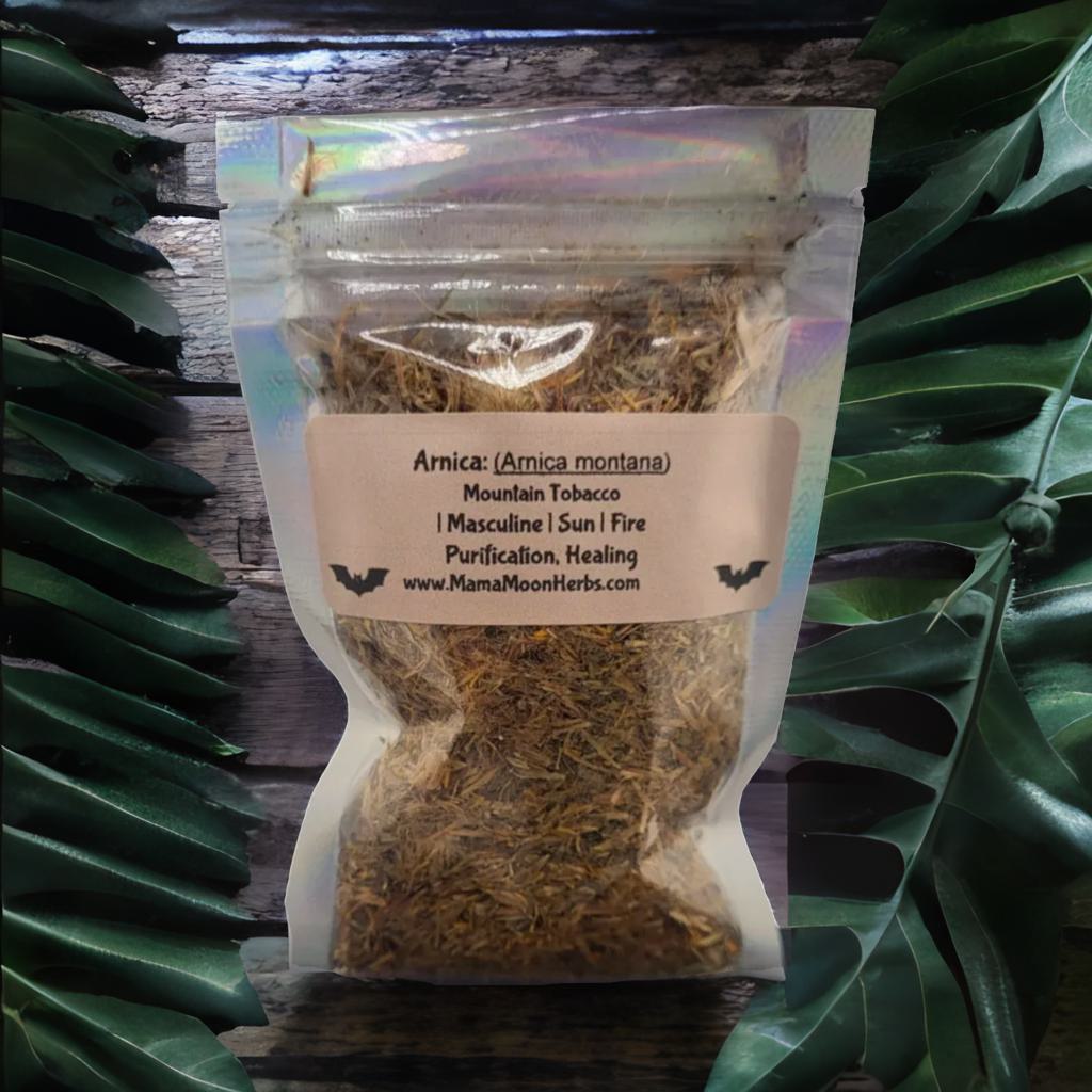 Dried Arnica Flowers (Arnica montana) in a 3" x 4" pouch. Used in spiritual healing, strength, and protection rituals. Not for consumption. Ideal for spell jars and altar work.