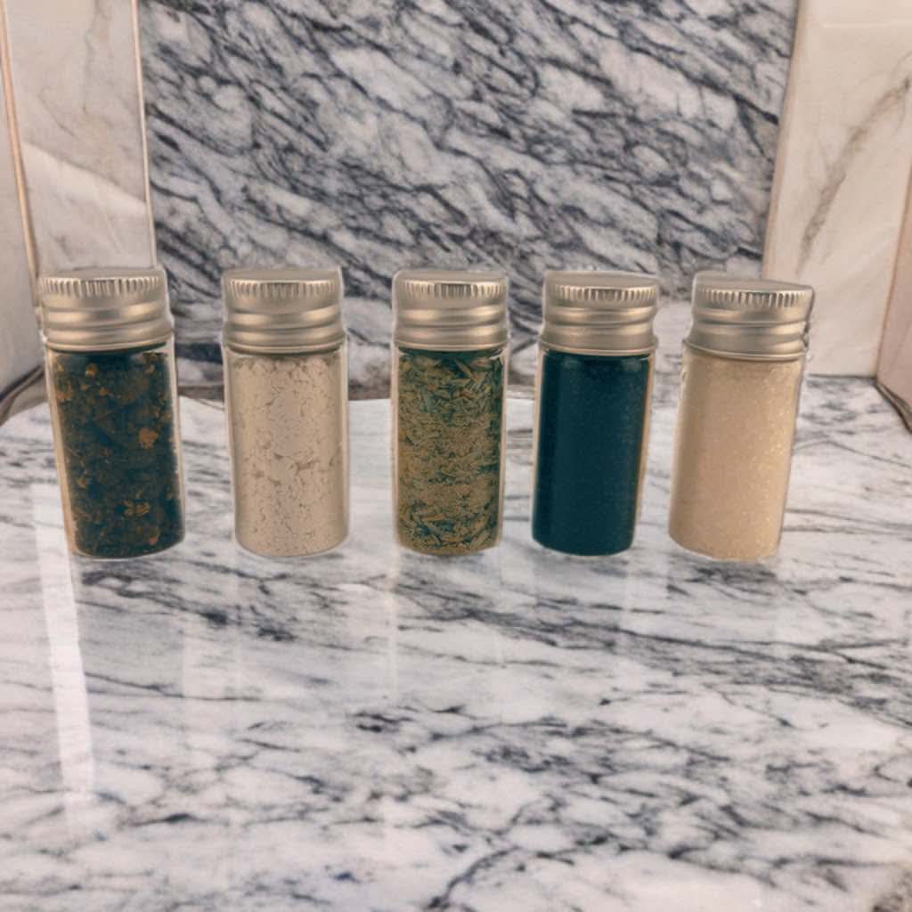Sacred Witchcraft Spell Supplies Mini Glass Jars, High John the Conqueror, Graveyard Dirt, Black Salt, Cascarilla, Dead Sea Salt