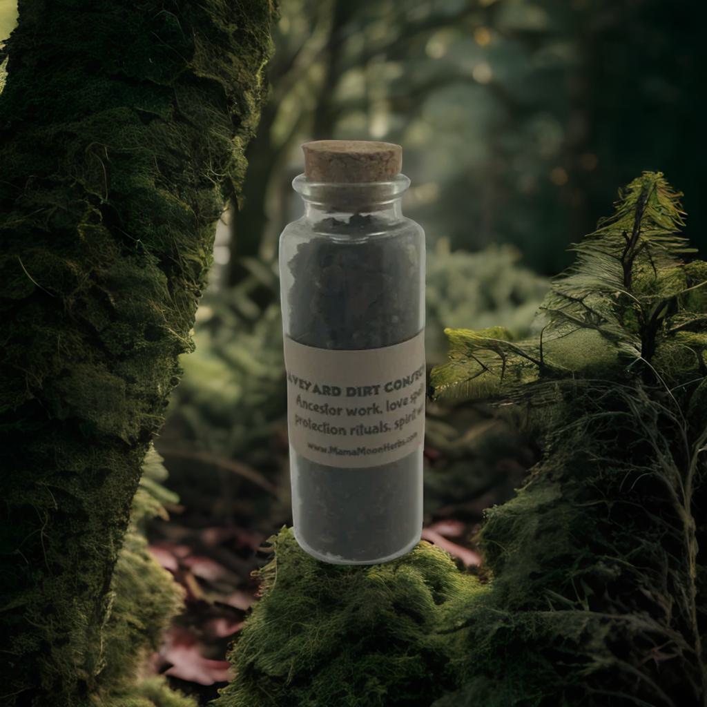 Ritually charged Graveyard Dirt in a 30ml glass jar with spoon. Used in protection, ancestor work, and spirit rituals. Consecrated under powerful moon and astrological timing.