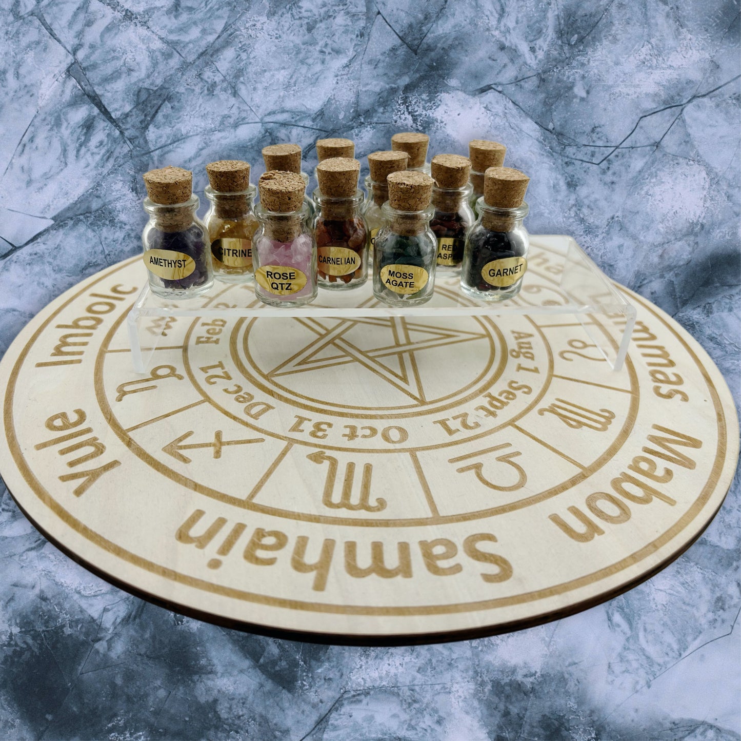 Wheel of the Year Crystal Grid & 12-Pack Crystal Chip Bottle Set