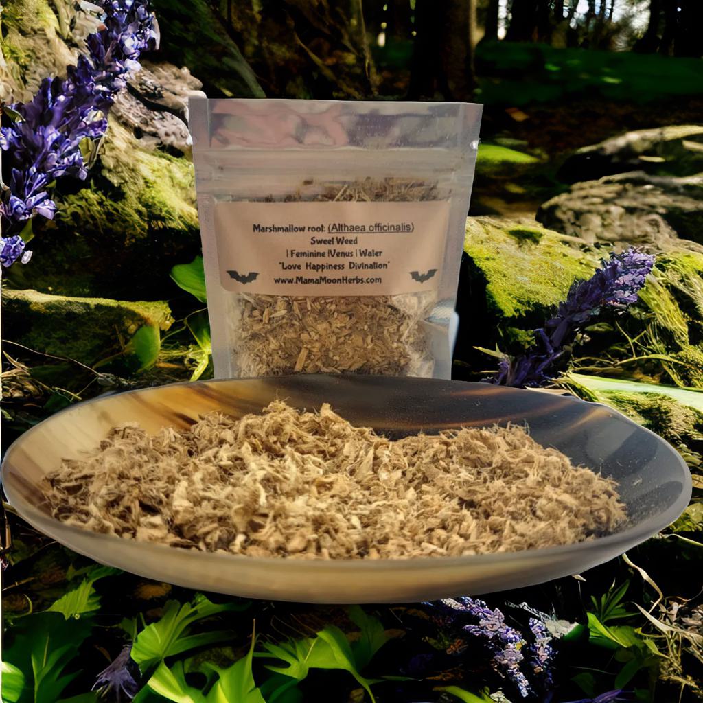 Dried Marshmallow Root (Althaea officinalis) in a 3x4 pouch. Use for emotional healing, spirit communication, and gentle protection. Perfect for ritual baths and spellwork.
