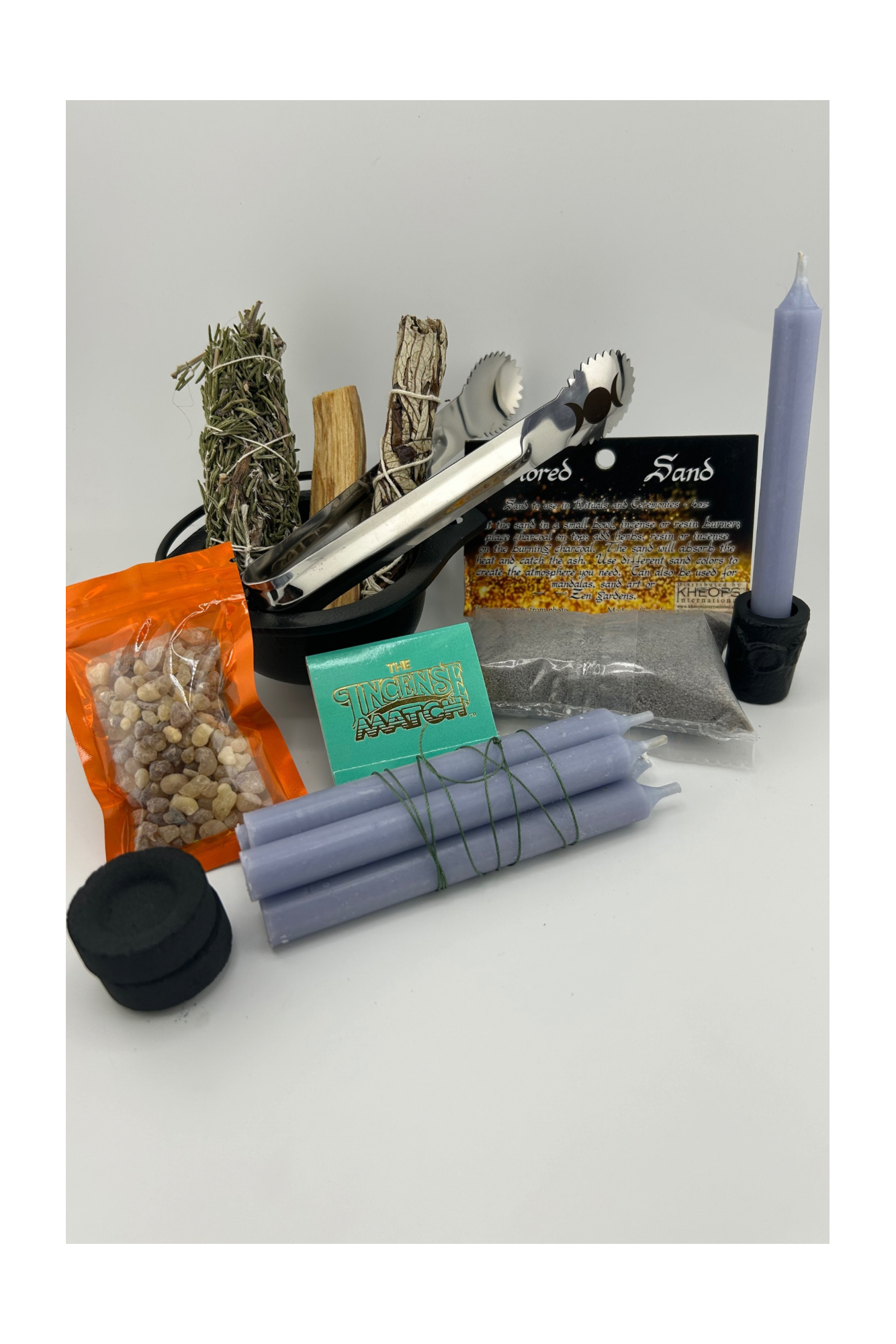 Cast Iron Cauldron Starter Witch Kit | Triple Moon Goddess Tongs | Ritual Sand | Spell Candle Holder | Incense & Smudge Sticks plus 5 herbs