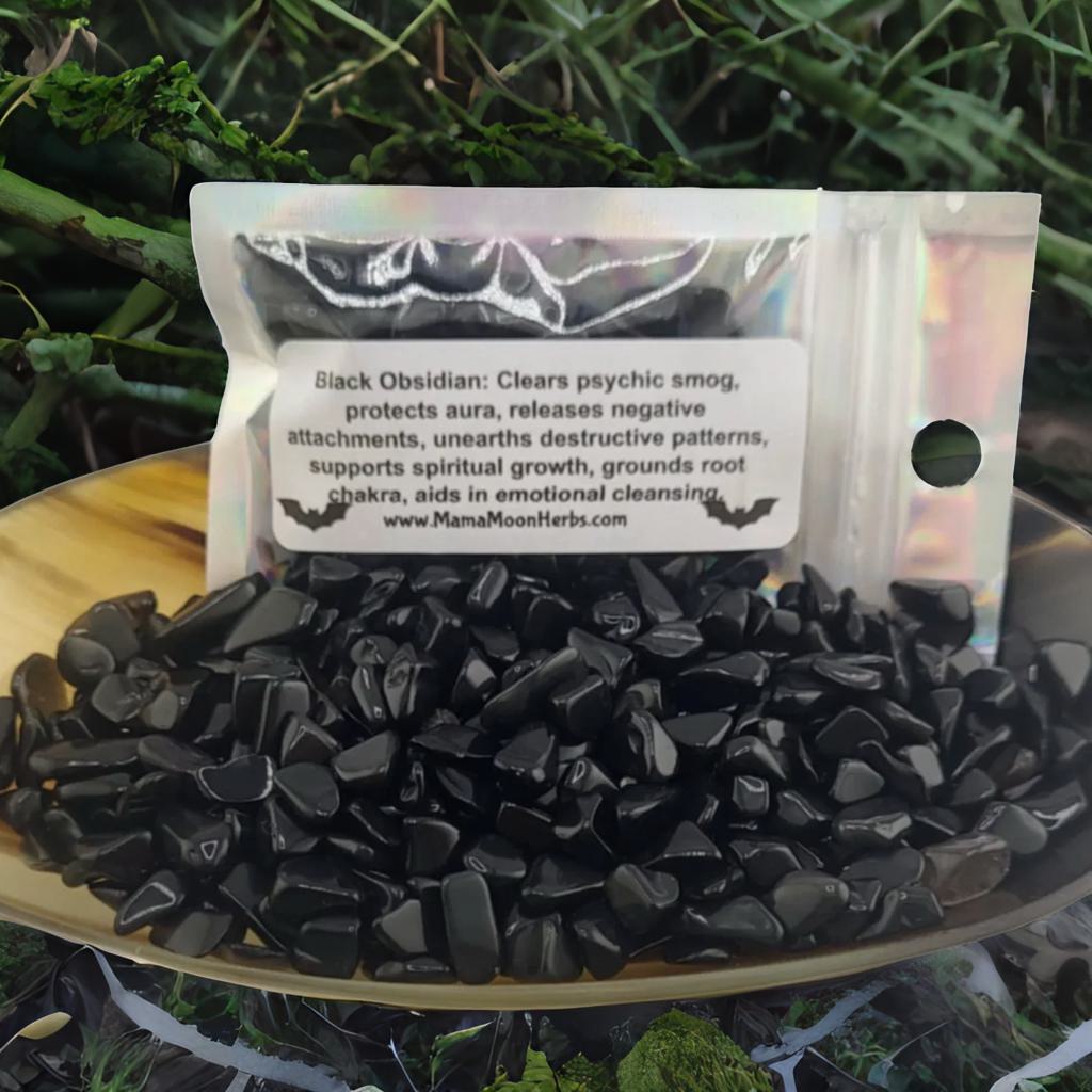 Black Obsidian crystal chips for shadow work, grounding, and psychic protection. Use in banishing spells, crystal grids, and inner healing rituals.