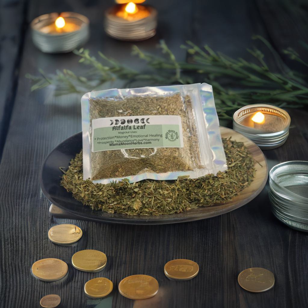 Dried Alfalfa Leaf (Medicago sativa) in a 3" x 3" pouch. Used in rituals to attract prosperity and guard finances. Perfect for spell jars, altars, and money magick.