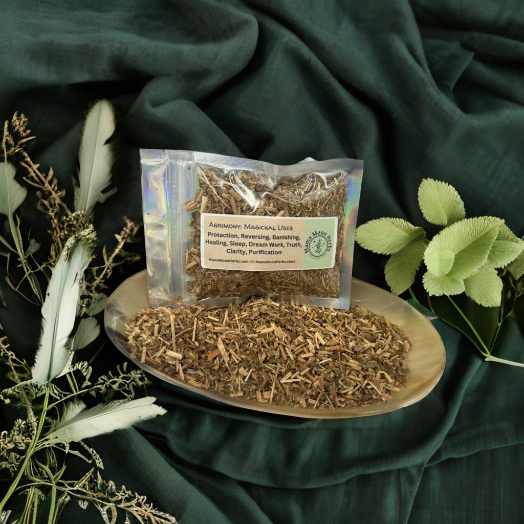 Dried Agrimony (Agrimonia eupatoria) in a 3" x 4" pouch. Used for reversal, protection, and healing rituals. Ideal for uncrossing, dreamwork, and spell jars.