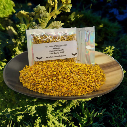 Dried Bee Pollen in a 2.5" x 3.7" pouch. Used in solar rituals, attraction spells, and glamour work. Perfect for vitality magic, prosperity charms, and spiritual offerings.

