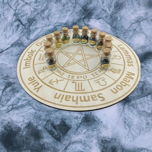 Wheel of the Year Crystal Grid & 12-Pack Crystal Chip Bottle Set
