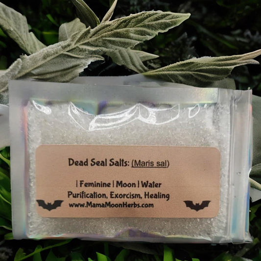 Pure Dead Sea Salt in a 2.5" x 3.7" pouch for rituals of purification, protection, and energy clearing. Use in baths, spell jars, and sacred circles.