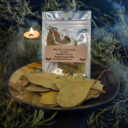 Whole Bay Leaves (Laurus nobilis) in a 4" x 6" pouch. Used for wish-making, protection, and manifestation rituals. Ideal for spell jars, intention burning, and cleansing.

