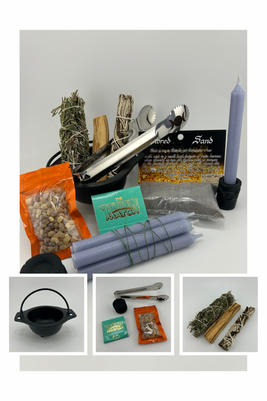 Cast Iron Cauldron Starter Witch Kit | Triple Moon Goddess Tongs | Ritual Sand | Spell Candle Holder | Incense & Smudge Sticks plus 5 herbs