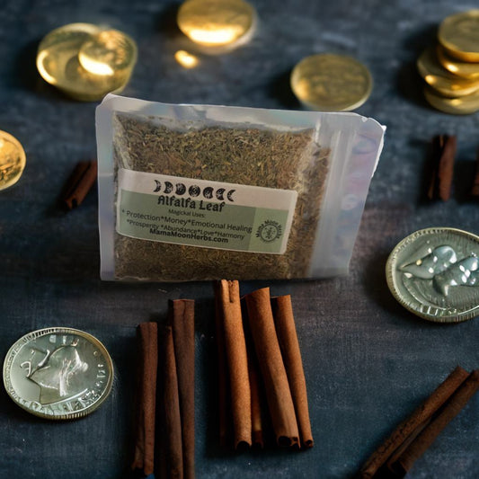 Dried Alfalfa Leaf (Medicago sativa) in a 3" x 3" pouch. Used in rituals to attract prosperity and guard finances. Perfect for spell jars, altars, and money magick.