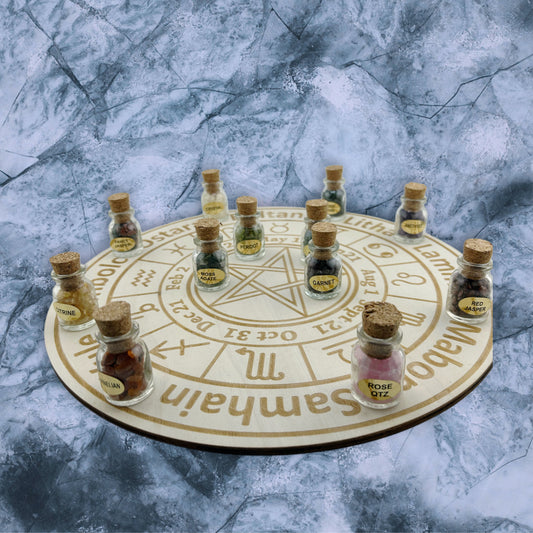 Wheel of the Year Crystal Grid & 12-Pack Crystal Chip Bottle Set