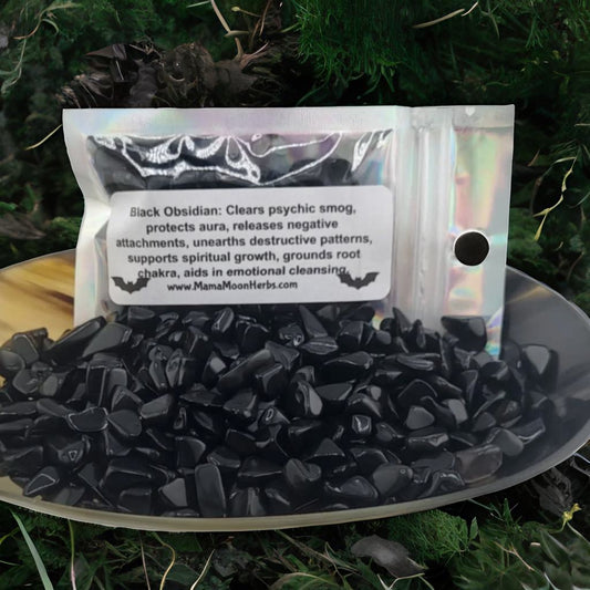 Black Obsidian crystal chips for shadow work, grounding, and psychic protection. Use in banishing spells, crystal grids, and inner healing rituals.

