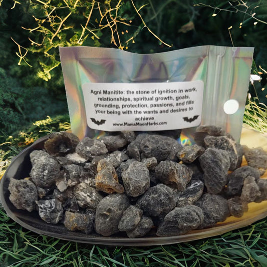 Raw Agni Manitite crystals in a small pouch. A fire-aligned stone for confidence, manifestation, and transformation. Ideal for spell jars and solar plexus activation.