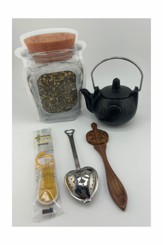 Triple Moon Cast Iron Tea Kettle and Psychic Tea Starter Kit. Kitchen Witch Kit. Cast Iron Cauldron