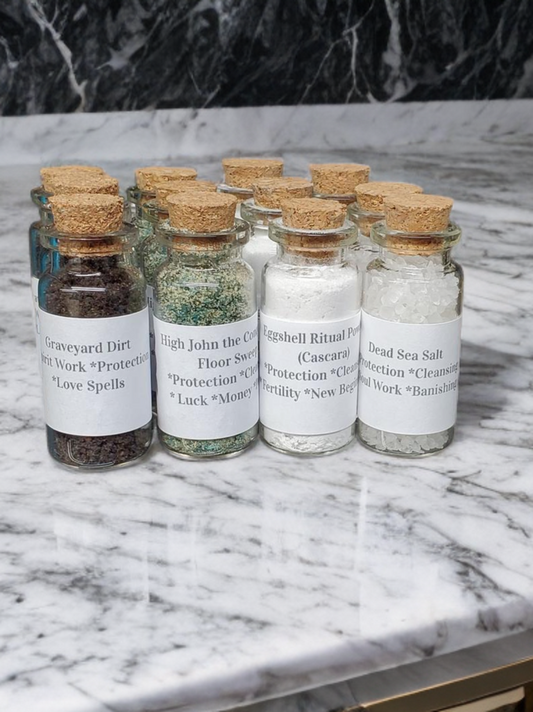 Sacred Witchcraft Spell Supplies Mini Glass Jars, High John the Conqueror, Graveyard Dirt, Black Salt, Cascarilla, Dead Sea Salt