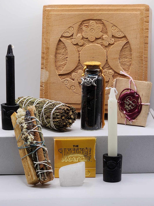 Witchcraft House Cleansing Ritual Kit: Protection Purification, Rosemary, Palo Santo, Witches Black Salt, Spell Candles, Hand Carved Box & more