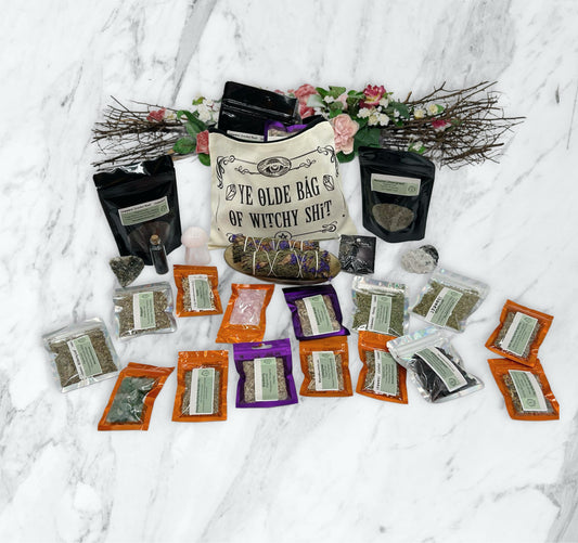 Mystery Witchcraft Grab Bag - “Ye Old Bag of Witchy Shit”, mystery witch gift, pagan witchcraft gift, baby witch herbs and crystals sampler.