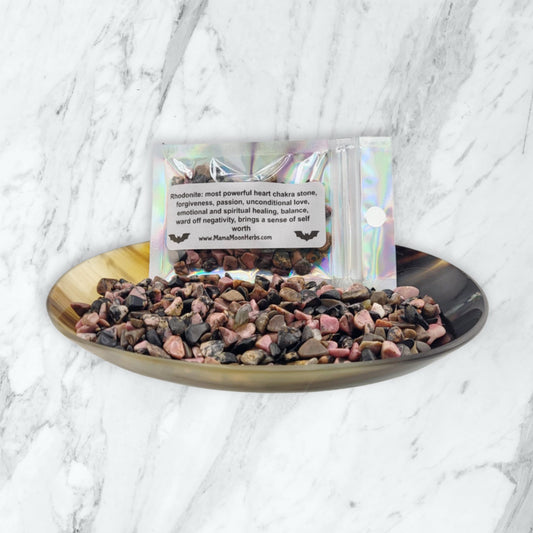 Rhodonite Crystal Chips for Forgiveness, Emotional Healing & Heart Chakra – Witchcraft Supplies for Spell Jars & Ritual Work
