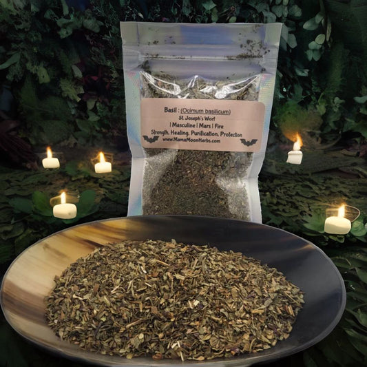 Dried Basil Leaf (Ocimum basilicum) in a 3x5 pouch. Used for wealth, protection, and love magic. Ideal for charm bags, spell jars, floor washes, and spiritual cleansing.

