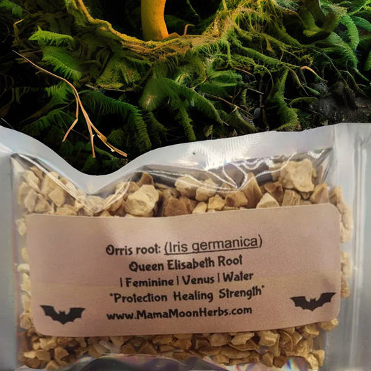 Orris Root (Iris germanica) in a 2.5" x 3.7" ritual pouch. Used for love spells, divination, and glamour magic. Ideal for mojo bags, altar blends, and intuitive rituals.

